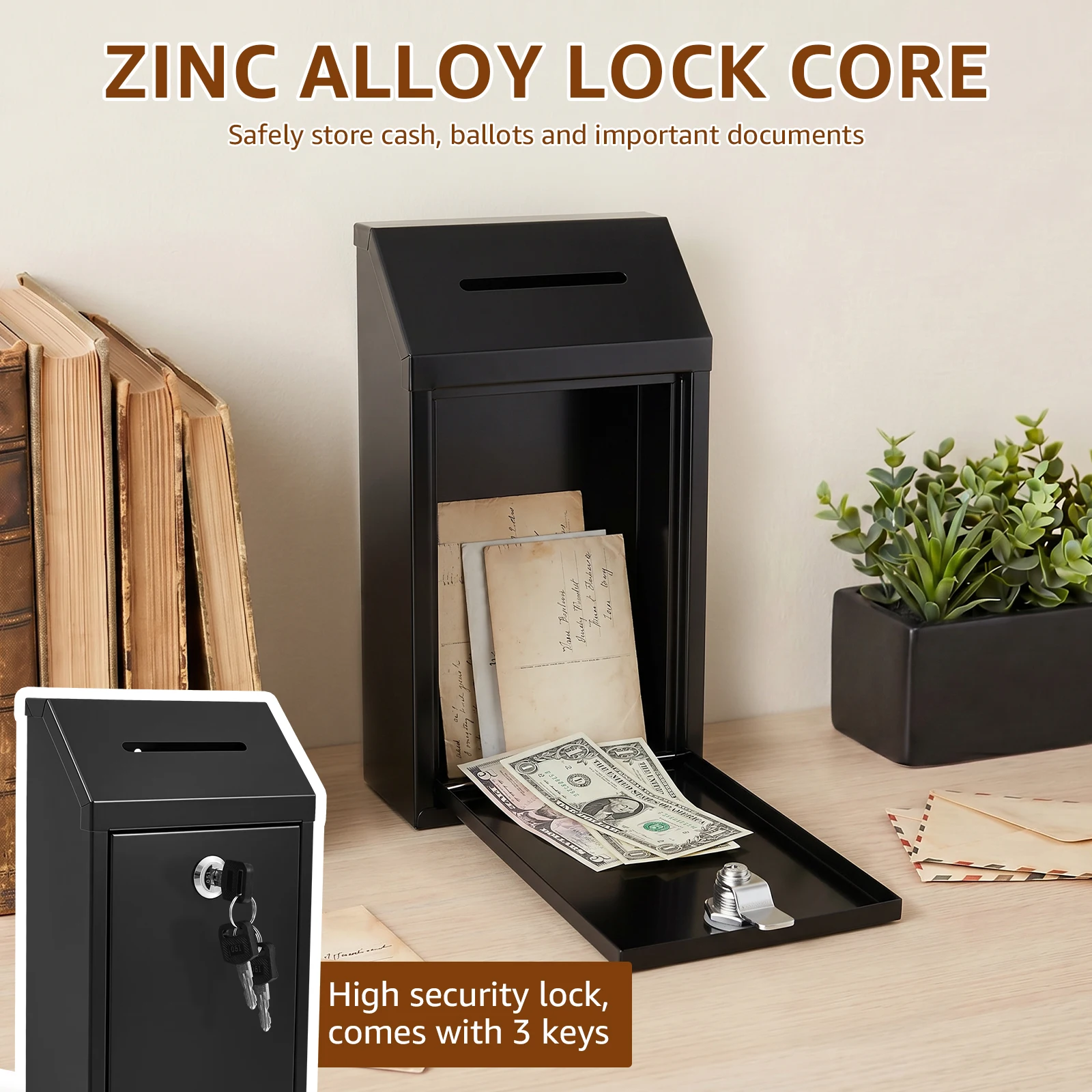 Lockable Donation Box Wall Mount Metal Money Drop Box with Lock and 3 Keys Heavy Duty Cash Collection Suggestion Box for Outdoor