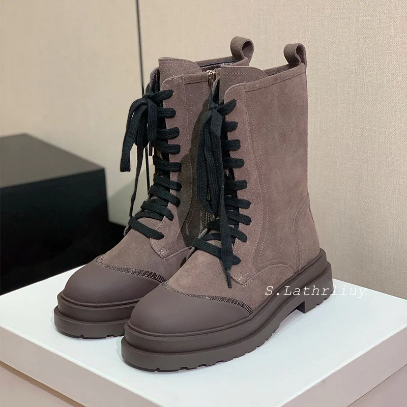 Autumn Winter Flat Thick Bottom Riding Boots Women's Round Toe Patchwork String Bead Short Botas Mixed Color Lace Up Ankle Boots