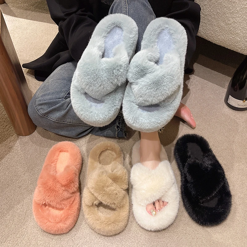 Damen Flauschige Pantoffeln mit Kreuzriemen und Offener Zehenpartie, Weiche Plüsch-Hausschuhe für Drinnen und Draußen, Rutschfeste Warme Damen-Hausschuhe – Detail 1