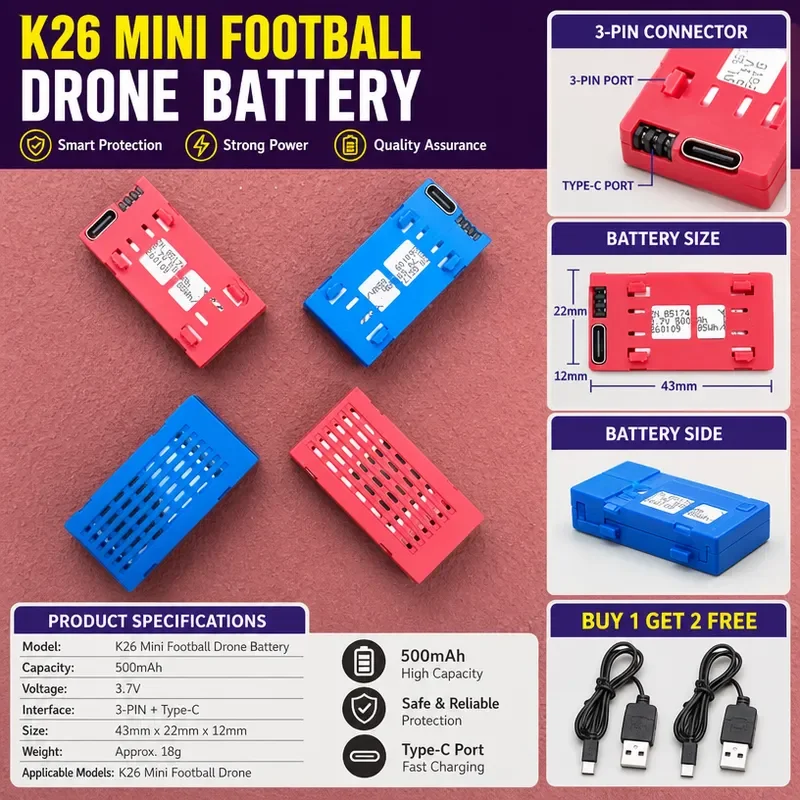 3.7V Battery for K26 K26MAX Football Drone Quadcopter Accessories Charging Battery for Primary School Students Competition