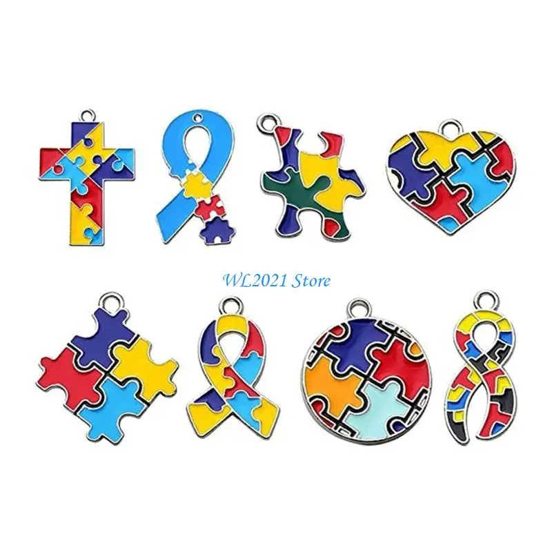 G5GC 8 قطع قلادة للتوعية بالتوحد الشريط شكل قلب مربع مطلية بالذهب قلادة مع المعلقات المينا شكل اللغز #4