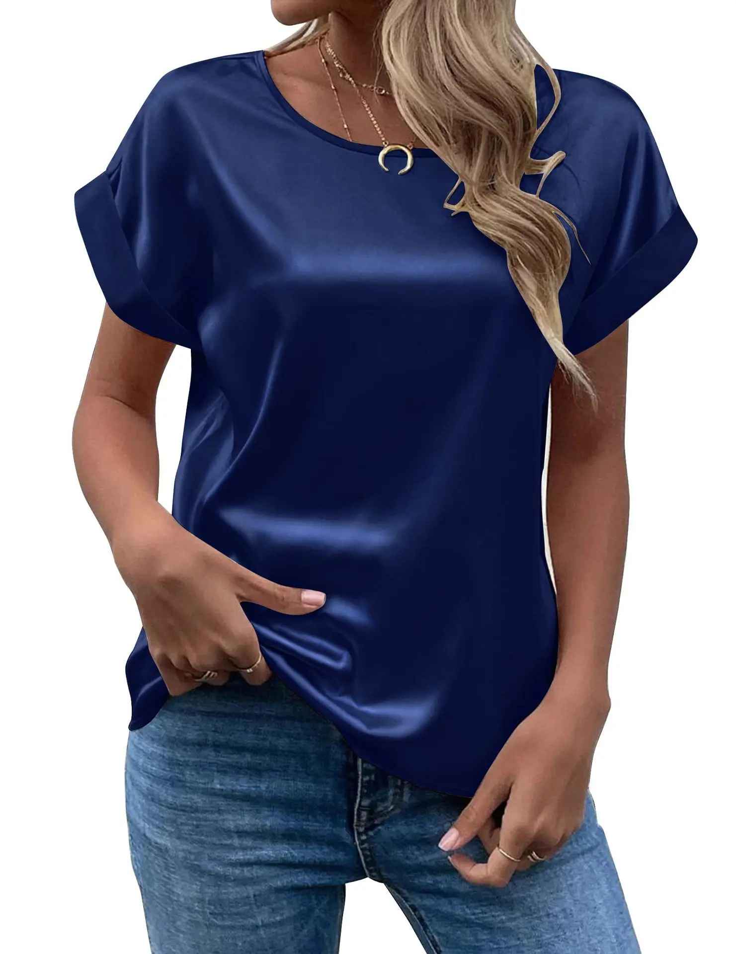 Elegant Women\'s Blouse Solid Tees 2023 Summer Lady Short Sleeve Satin Shirt Loose Casual Round Neck T-shirt Tops S-XXL