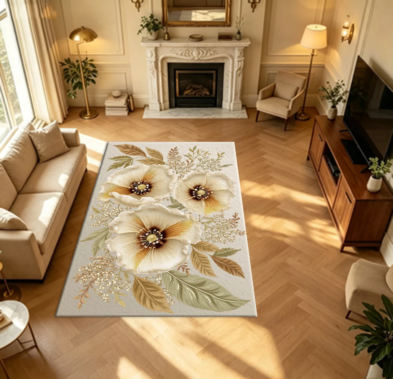 Elegant Retro Beige Poppy Floral Carpet Flooring Soft Neutral Botanic Art Household Living Hall Decor Area Rug Indoor Floor Ornament
