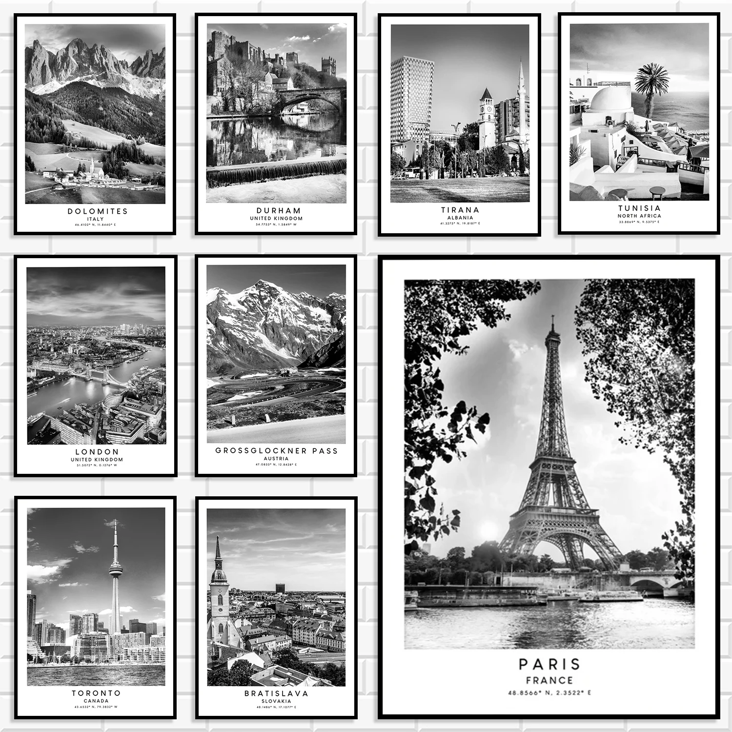 Black White World Famous City Landmark Canvas Wall Art Travel Poster With Coordinates Vintage Europe Landscape Print Home Decor