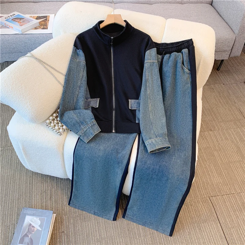 Denim Pants Sets Stand Collar Patchwork High Street Coats Tops Wide Leg Straight Gothic Jeans Vintage Simple Two-piece Set