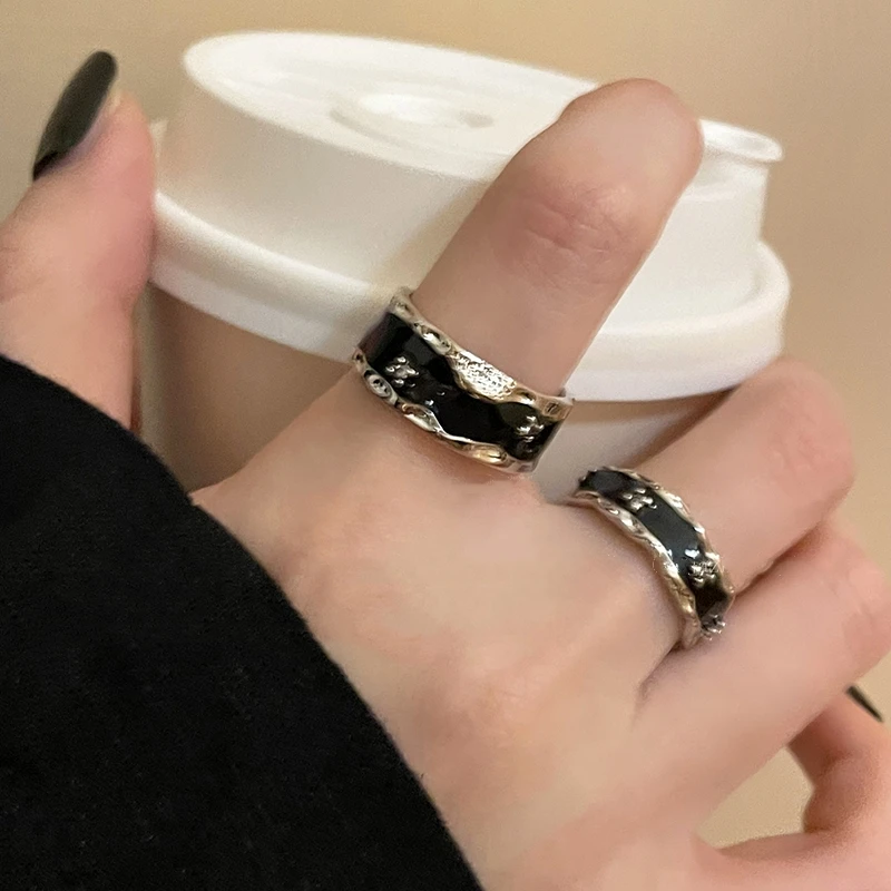 Anello coppia in argento sterling, anello per dito indice aperto con smalto nero, semplice e versatile