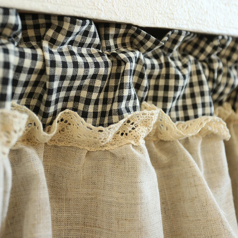 Linen Blend Valance Curtain Farmhouse Plaid Window Curtain Double Layer Valance for Living Room Rod Pocket 1Panel Beige on Black