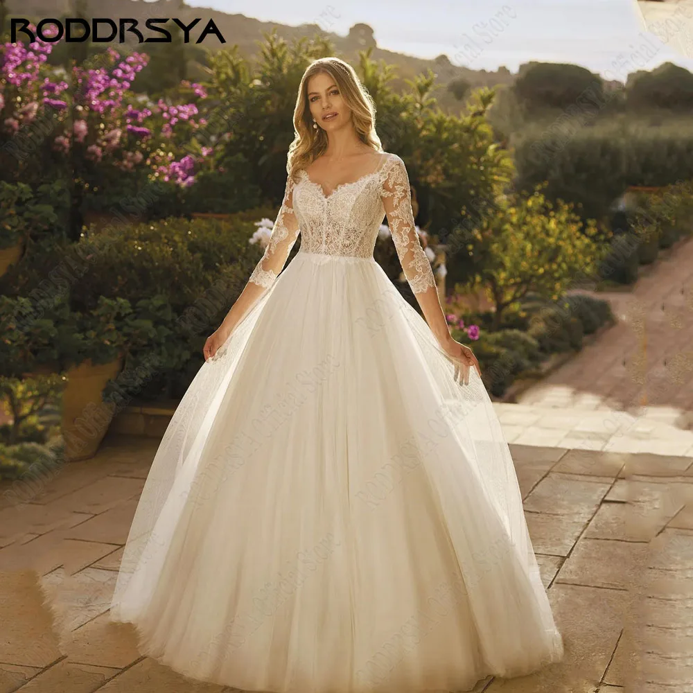 RODRSYA Romatic Pizzo Abiti Da Sposa Per La Donna 3/4 Maniche Illusion Back Abiti DaRODDRSYA abiti da sposa in pizzo romatico per donna 3/4 maniche Illusion Back abiti da sposa a-line Applique Tulle 2024 Robe De Mariée