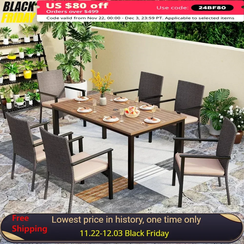 7Pieces Patio Dining Set,65” Wood-Like Metal Steel Dining Table & Rattan Wicker Chairs with Cushions,Large Dining Furniture Sets