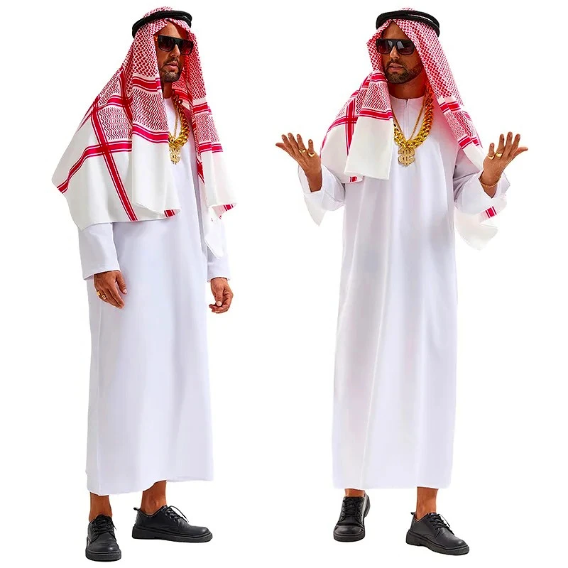 

New Arab clothing, Middle Eastern clothing, Dubai tycoon role-playing, white long robe, headscarf with accessories, male and fem