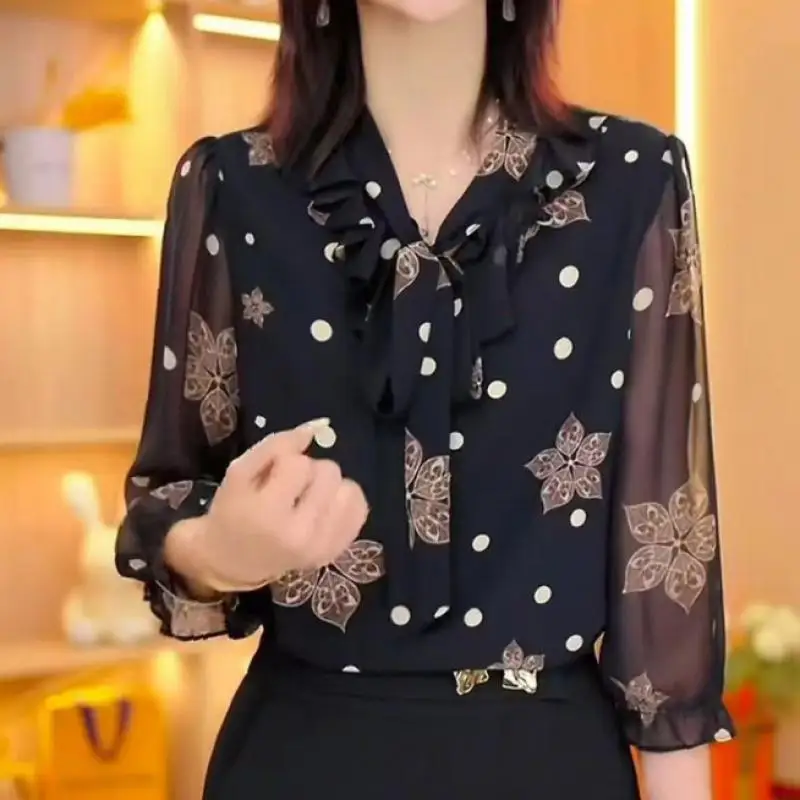 

Весенне-летняя повседневная блузка с рукавом 3/4, модная, с рюшами и вставками, женская одежда для офиса, элегантная, с завязками и бантом