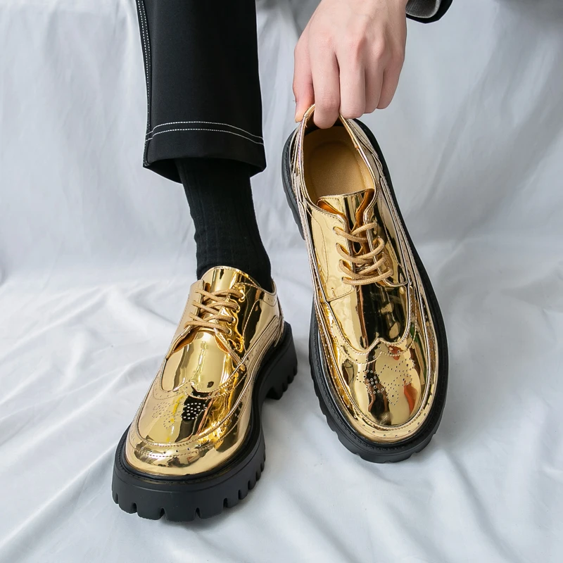 

High Quality Men's Classic Gold Comfortable Lace Up Thick Soled Loafers Fashionable New Men Party Banquet Business Leather Shoes