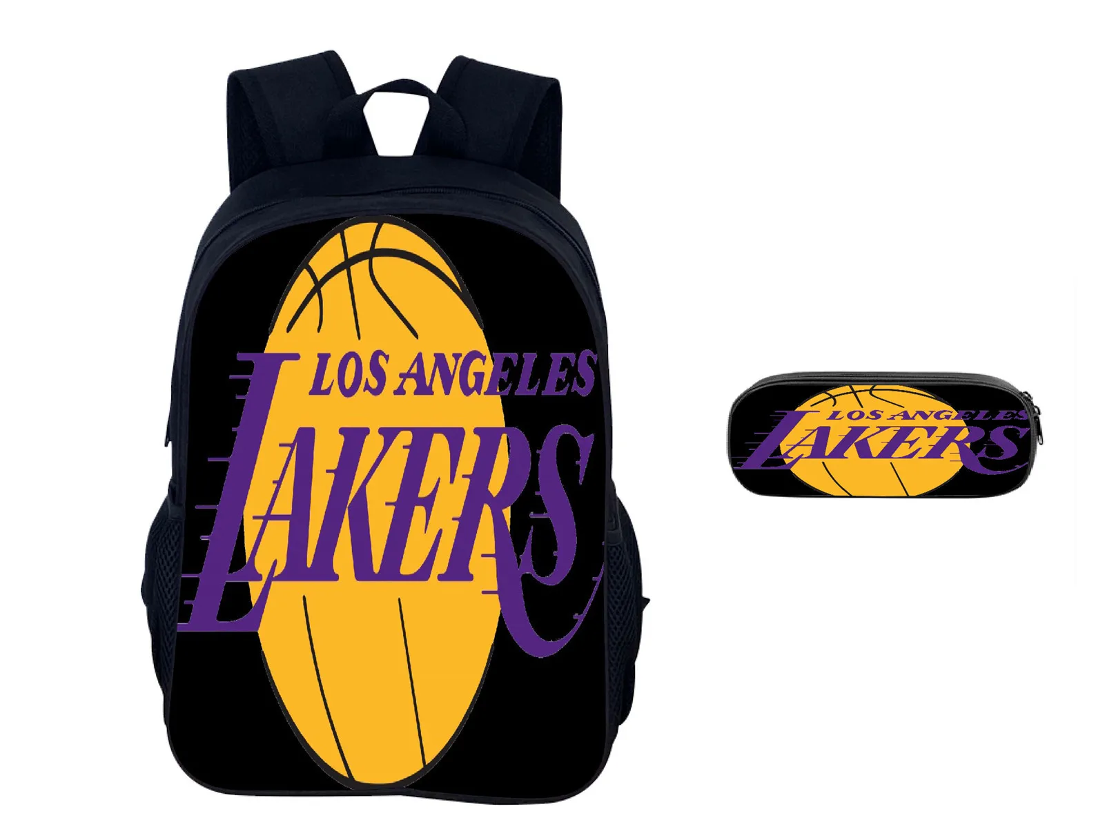 Детский большой школьный рюкзак команды Lakers, классический прочный рюкзак с пеналом, набор из 2 предметов для студентов