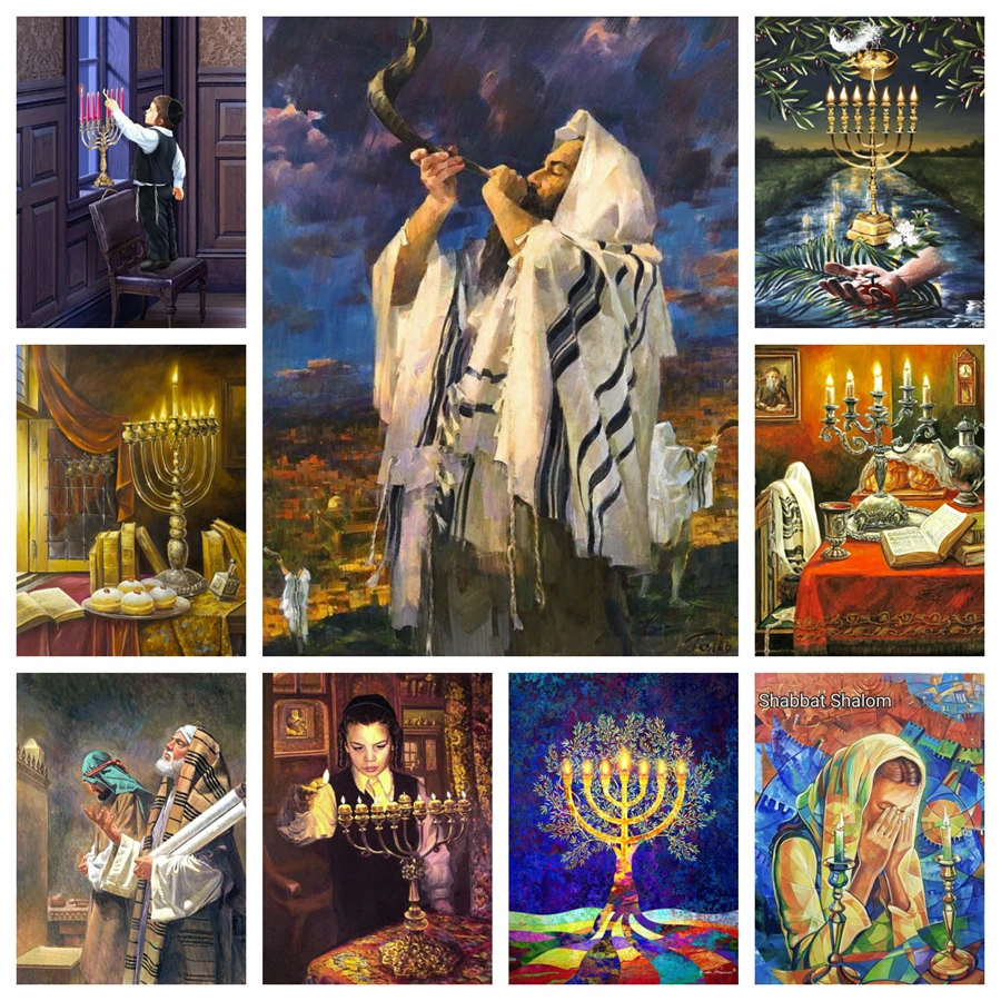 Judaism Shofar Menorah Sparks 5d DIY Diamond Painting Star of David Jewish Mosaic Cross Stitch Handcraft Home Decor Gift