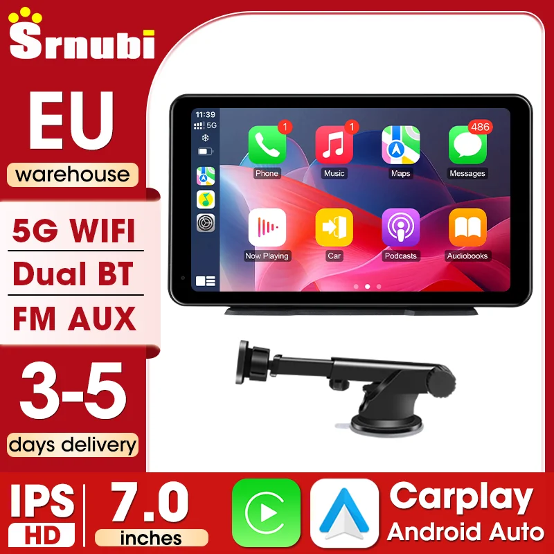 Srnubi 7'' Sistema Multimediale per Auto Leggero e Portatile con Carplay Wireless e Android Auto, Schermo Display Radio Intelligente
