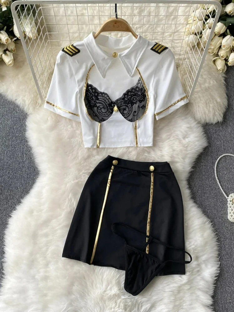 

Women Sexy Uniform Skirts Suits Lace Patchwork Turn-down Collar Tops Mini Skirt Underpants 3 Pieces Erotic Pajamas Sets