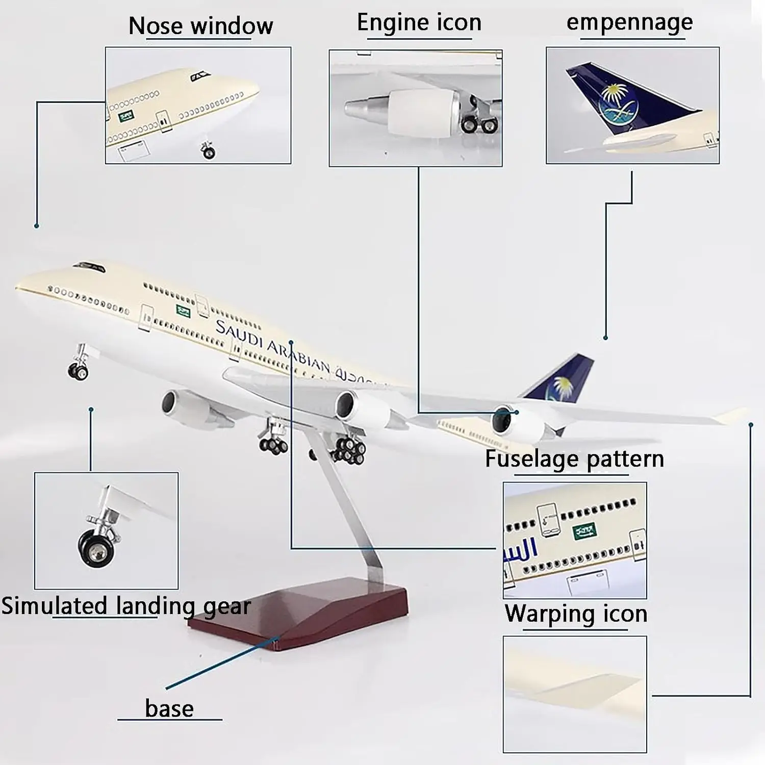 

B747-400 Aircraft Saudi Arabian Airlines Model 47CM 1/150 Scale Airplane Diecast Resin With Light and Wheels Plane Toys Airplane
