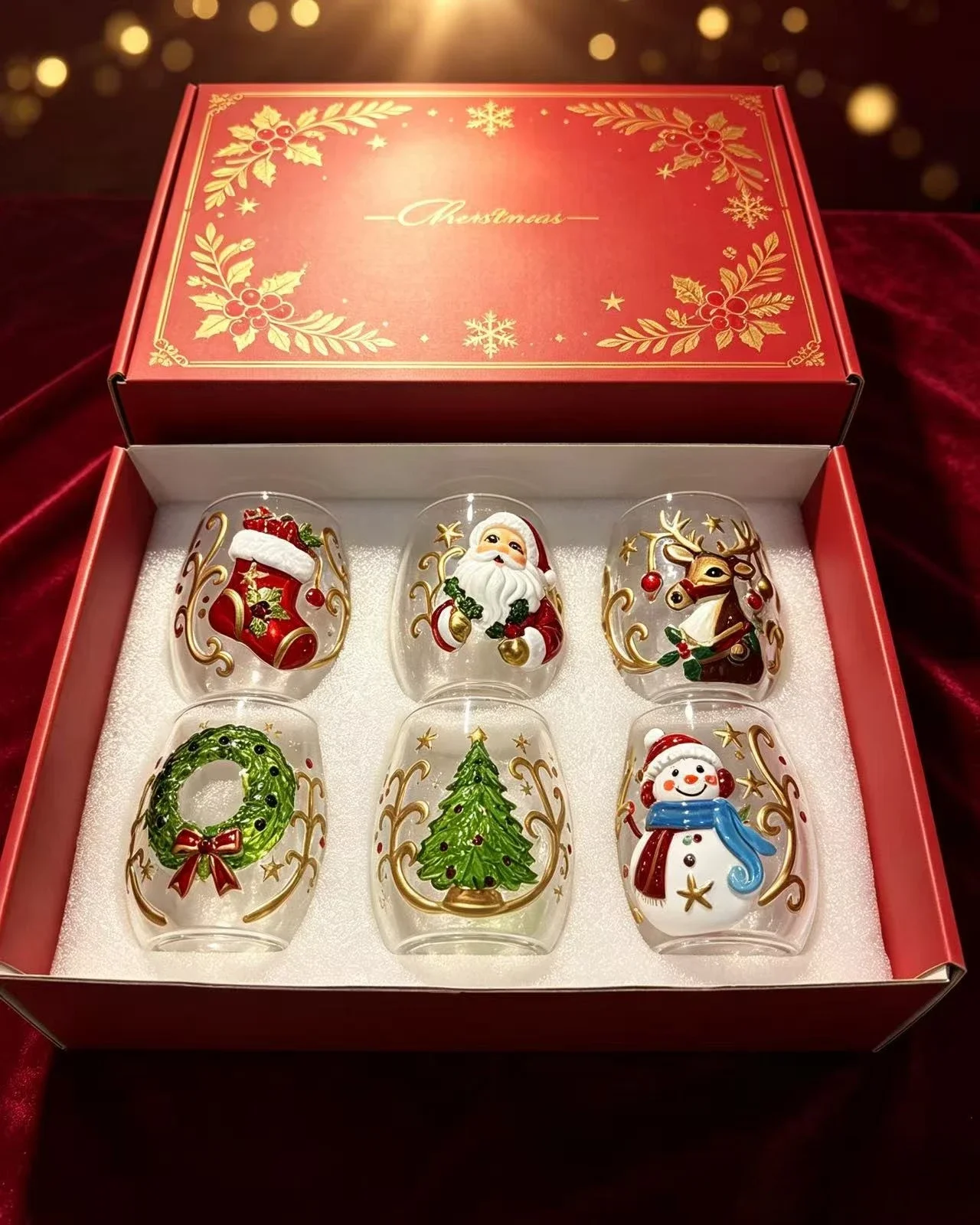 Glass Painted Santa Snowman Christmas Wine Cup 6pcs, Funny Holiday Beer Mugs Set for Party Gift