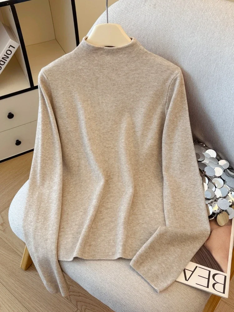 

Zjaiss Women Fashion Stretch Tops Solid Turtleneck Collar Sweater Women Knitted Pullovers Long Sleeve Simple Base Layer Top