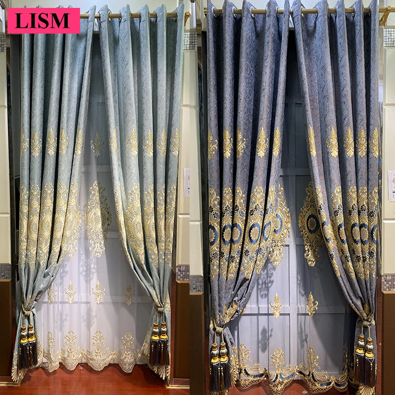 New Luxury European Living Room Chenille Embroidered Curtain Set Bedroom Blackout Window Elegant Custom Jacquard Lace Blue Tulle