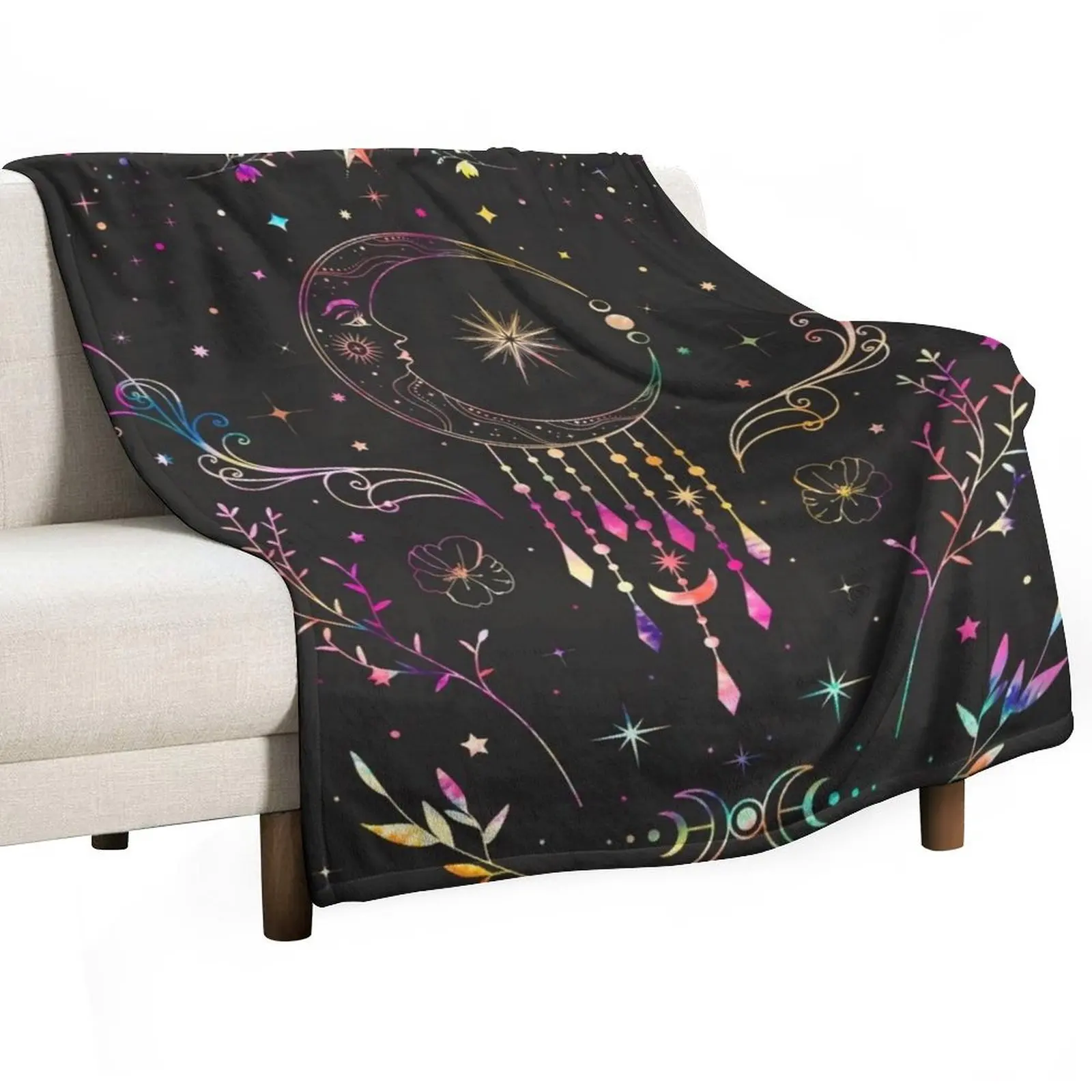 Rainbow Celestial crescent moon with floral accents and moon phase tie dye Throw Blanket Baby Single Blankets