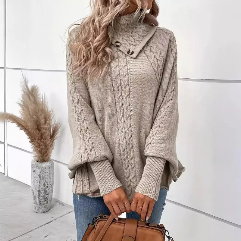 

Turtleneck Lapel Irregular Cloak Shawl Twisted Medi Knitted Sweater Long Sleeve Lantern Pullover Autumn Winter Woman Vintage