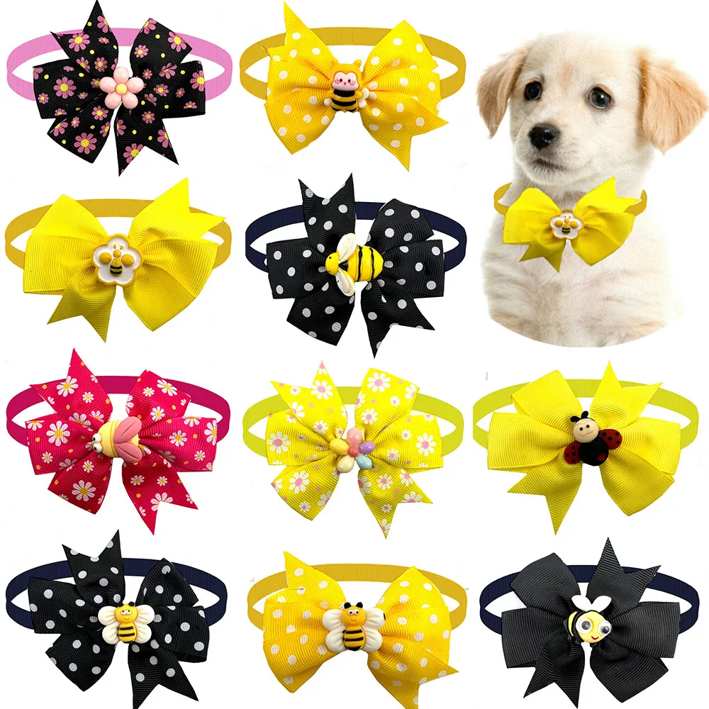 50pcs Puppy Dog Grooming Accessories Bee Flowers Style Cute Dog Bows Pet Dogs Bow Tie Necktie Bowknot Dog Bowties Supplies