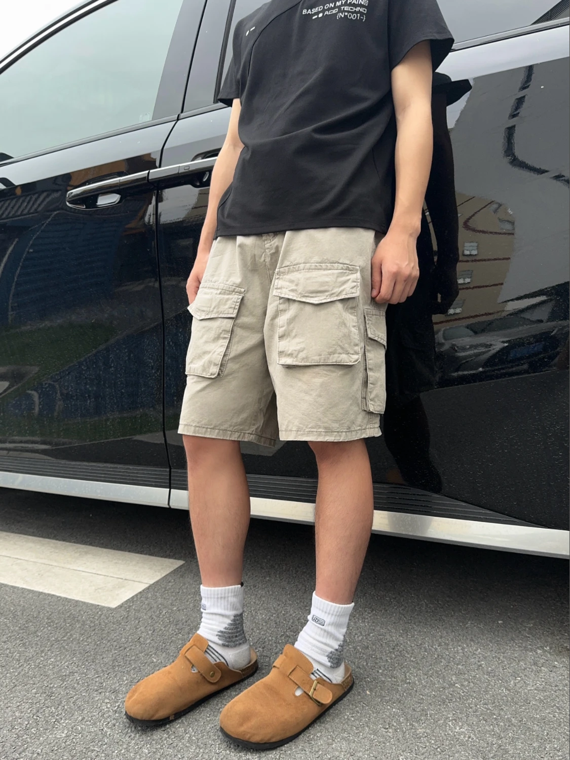 

Retro American Workwear orts Men's Casual Loose Waed Straight Leg ey Beige Five-Quarter Pants Summer Youth Faion