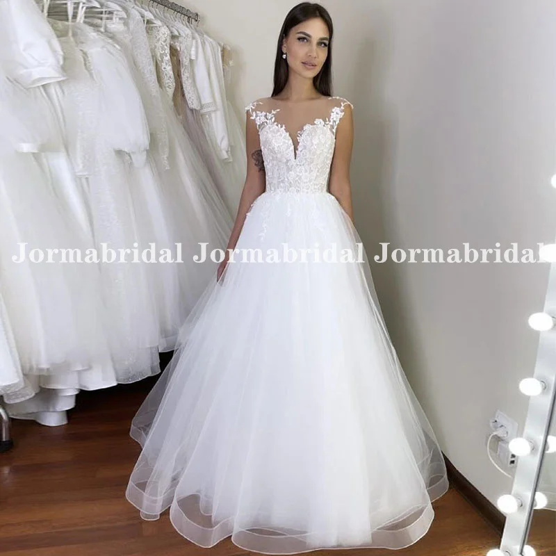 Vestido de boda de princesa con manga de casquillo, cuello redondo, apliques de encaje, blanco, de tul, longitud completa