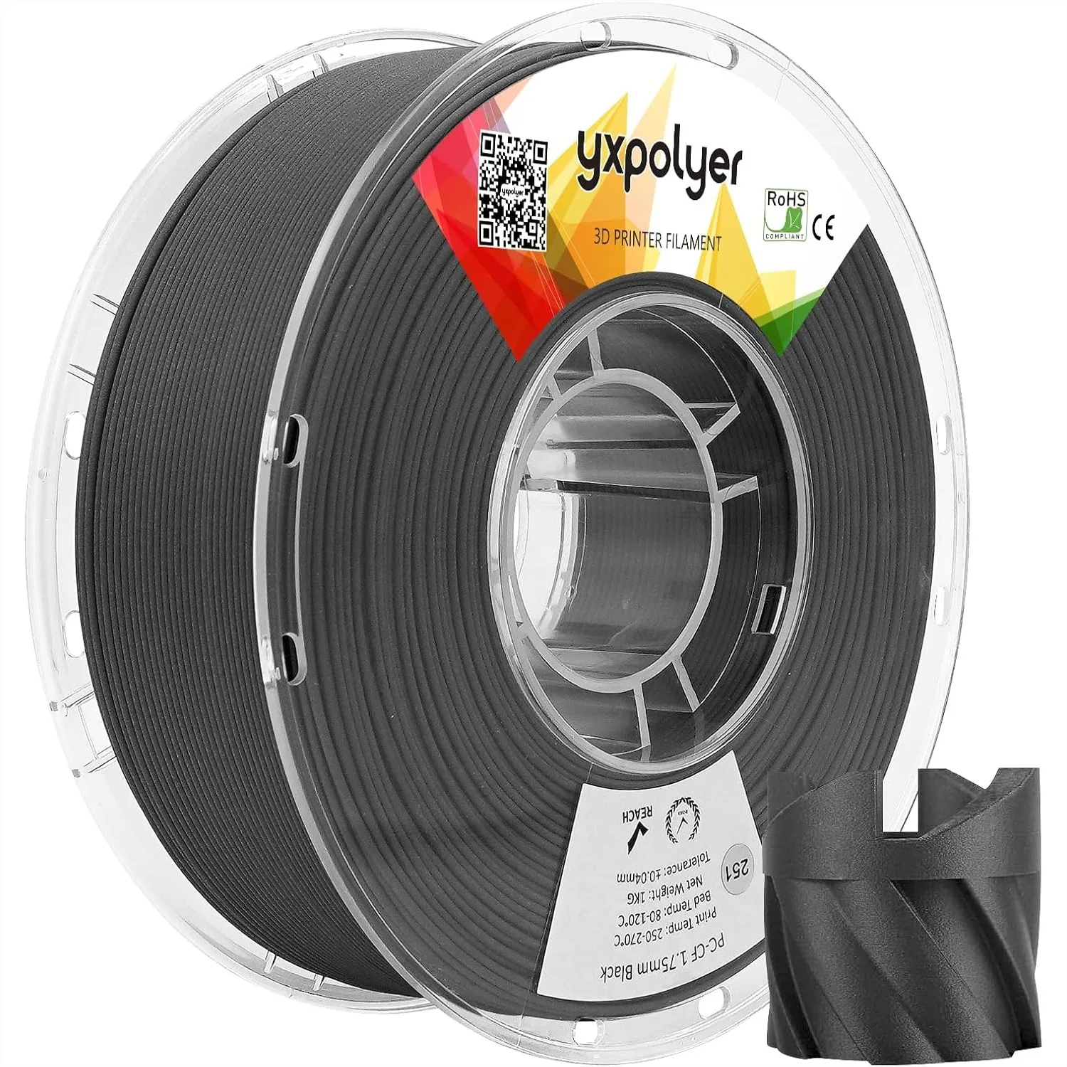 

PC-CF Filament 1.75mm, Polycarbonate Carbon Fiber 3D Printer Filament 1kg Spool, Engineering-Grade with 15% CF, High Heat