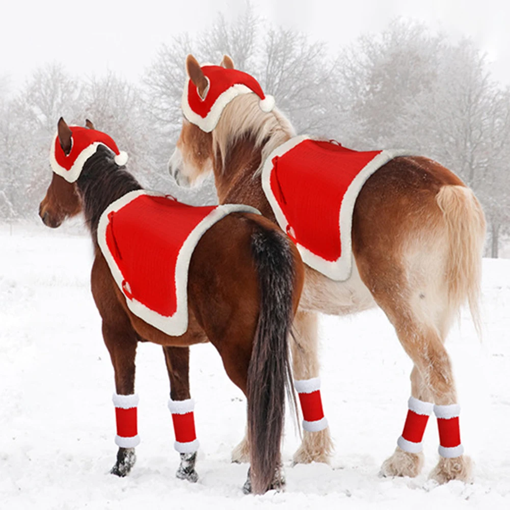 

6Pcs Christmas Santa Red Horse Hat & Leg Wraps & Horse Saddle Santa Hat Leg Wraps Western Saddle Pad for Christmas Horses Decor