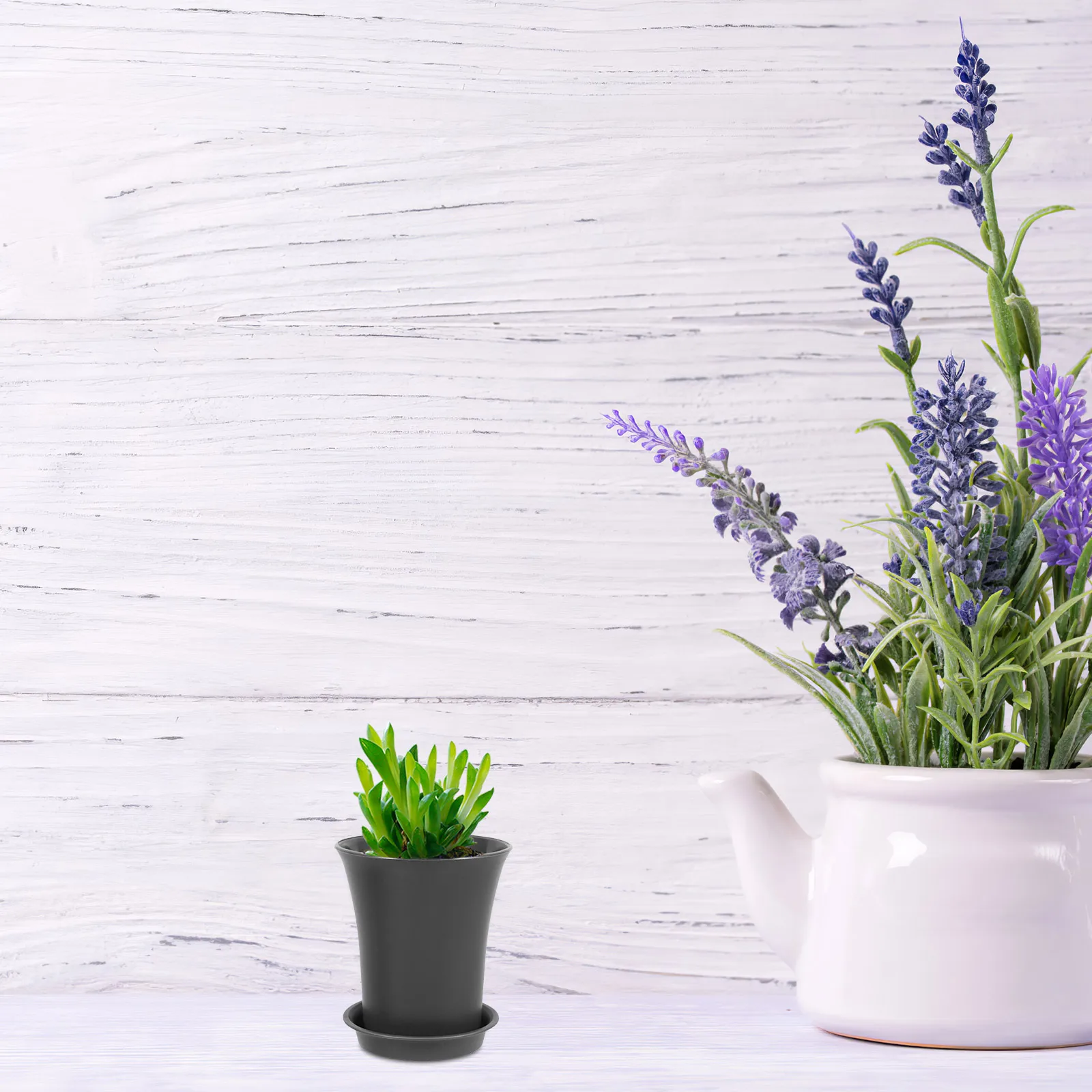 10 pçs plantadores de plástico redondos 9cm cinza escuro mini potes para plantas interior ao ar livre jardim plantio recipientes com bandeja pires