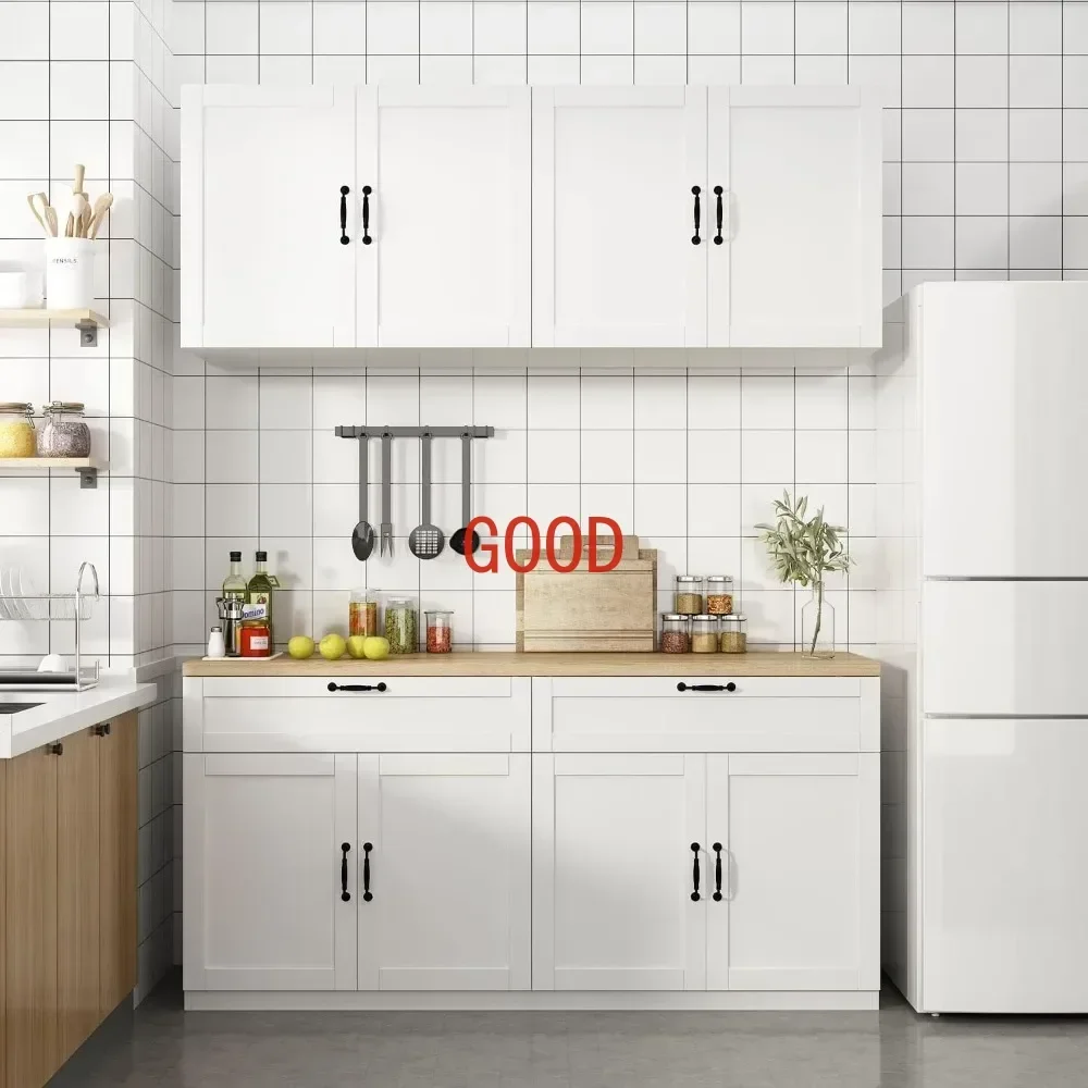 

Wall-Mounted Kitchen Pantry with Countertop, with Drawers & Doors, Sufficient Storage, Thickened MDF Board, Kitchen Cabinets