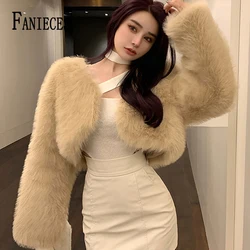 FANIECES Winter Women Short Jacket Warm Thick Fluffy Faux Fox Fur Coat Luxury Party Club Tops Outwear Open Stitch Plush OverCoat