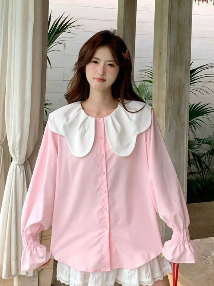 Estilo preppy doce bonito camisas femininas solto elegante manga longa outono blusa vintage casual macio japão feminino amarelo kawaii topos