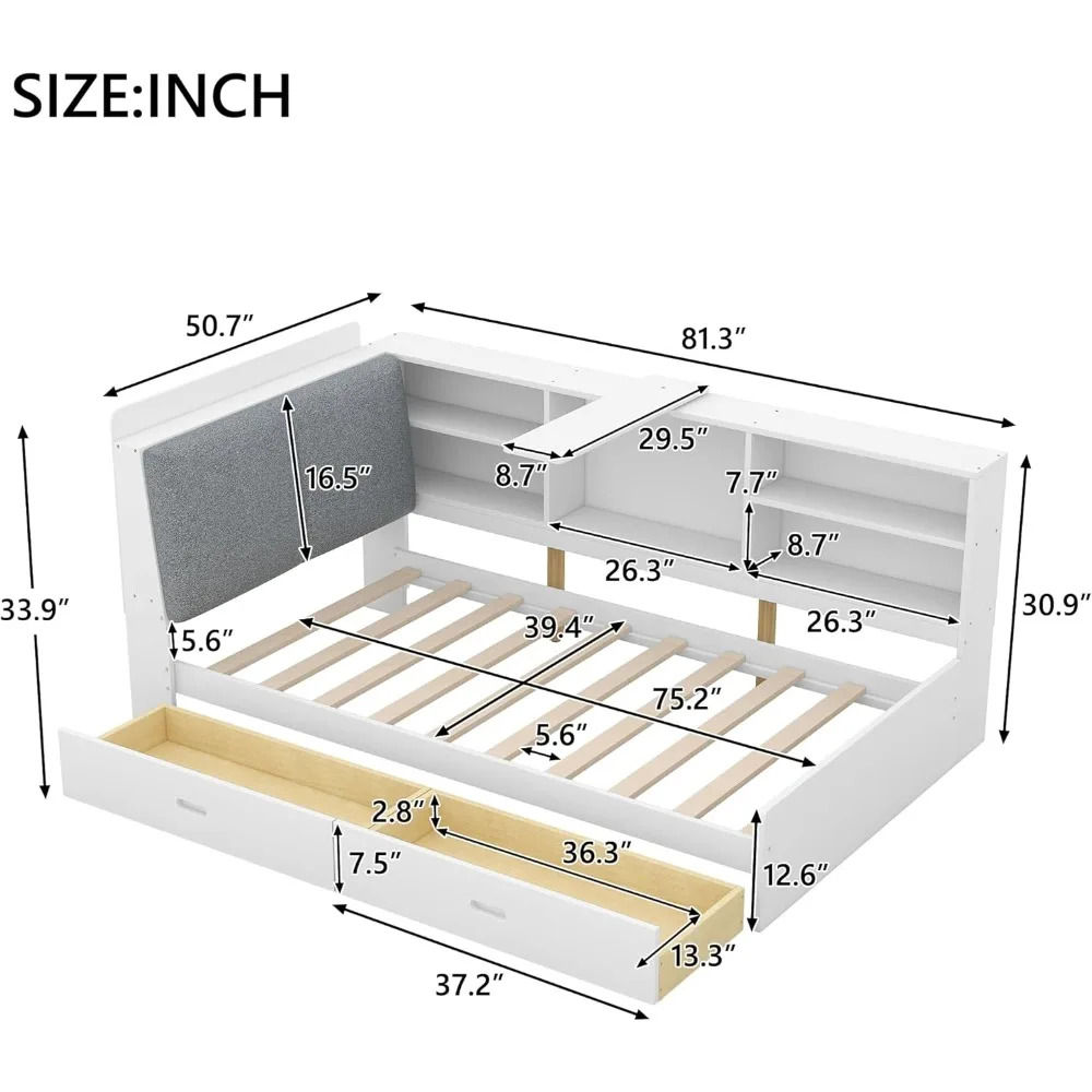 سرير بمنصة مزدوجة بتصميمات Harper & Bright مع لوح رأسي للتخزين، وأرفف ودرجين، وإطار سرير تخزين خشبي مزدوج مع شكل L #2