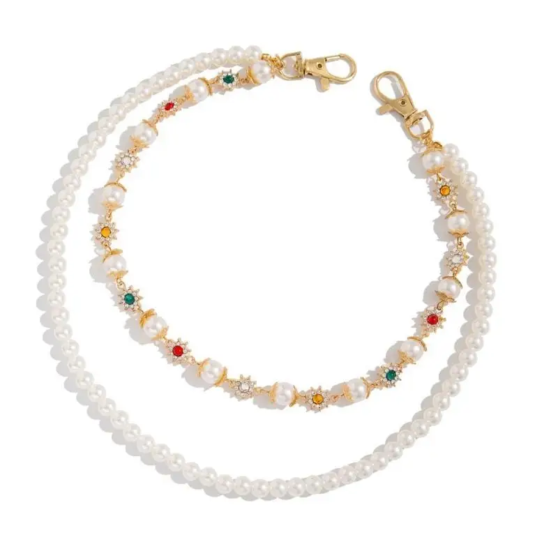 

652F Artificial Pearls Waist Chain Lustrous Pants Chain Double Layered Flower Bag Chain for Teens Adult Daily Use Waist Decors