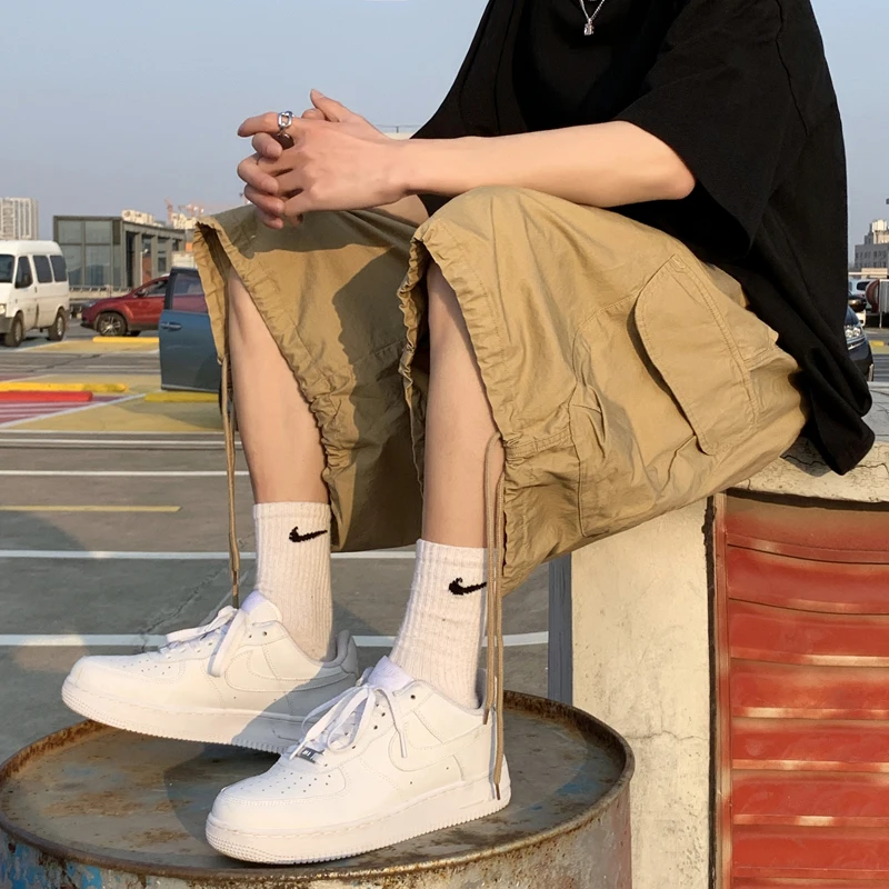 Men City Boy Multi Pockets Cargo Shorts Half Knee Length Drawstring Shorts Ulzzang Khaki Loose Dance High Street Hip Hop Shorts