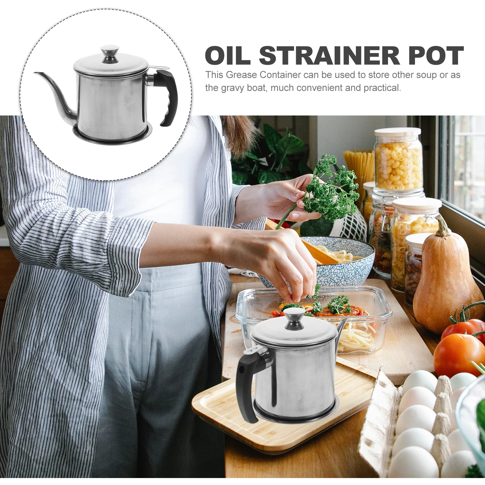 

Stainless Steel Oil Pot Kitchen Strainer Filtered Grease Container Thickened H Anti Scalding Pouring Mouth Design Reusable