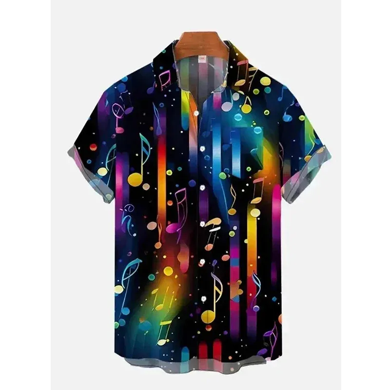 Hawaiian men's shirt clothing, music guitar, 3D printed men's clothing, summer daily short-sleeved beach fashion, oversized lape