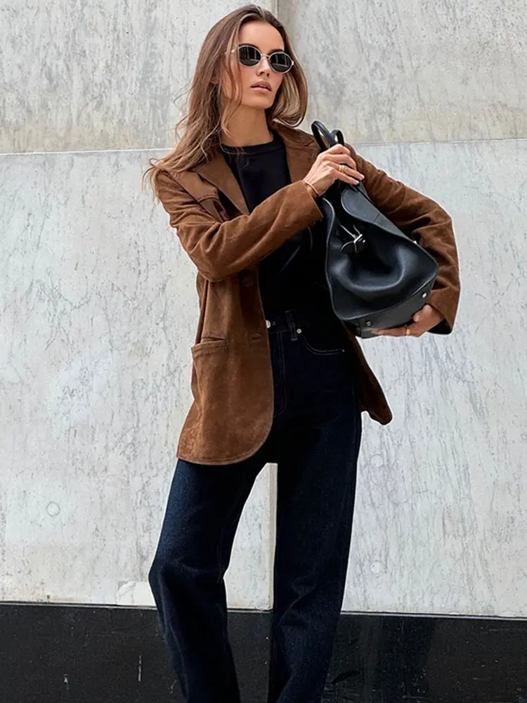 Fashion Brown Lapel With Pocket Jacket Woman Single Breasted Long Sleeve Blazer Coat 2024 Autumn Lady High Street Outwear