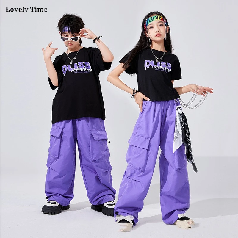 Hip Hop Boys Cool T-shirt Joggers Girls K-pop Street Dance Purple Cargo Pants Clothes Sets Kids Jazz Costume Children Streetwear