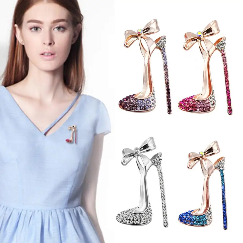 Women Rhinestone Inlaid High Heel Shoe Brooch Pin Corsage Lapel Jewelry Gift