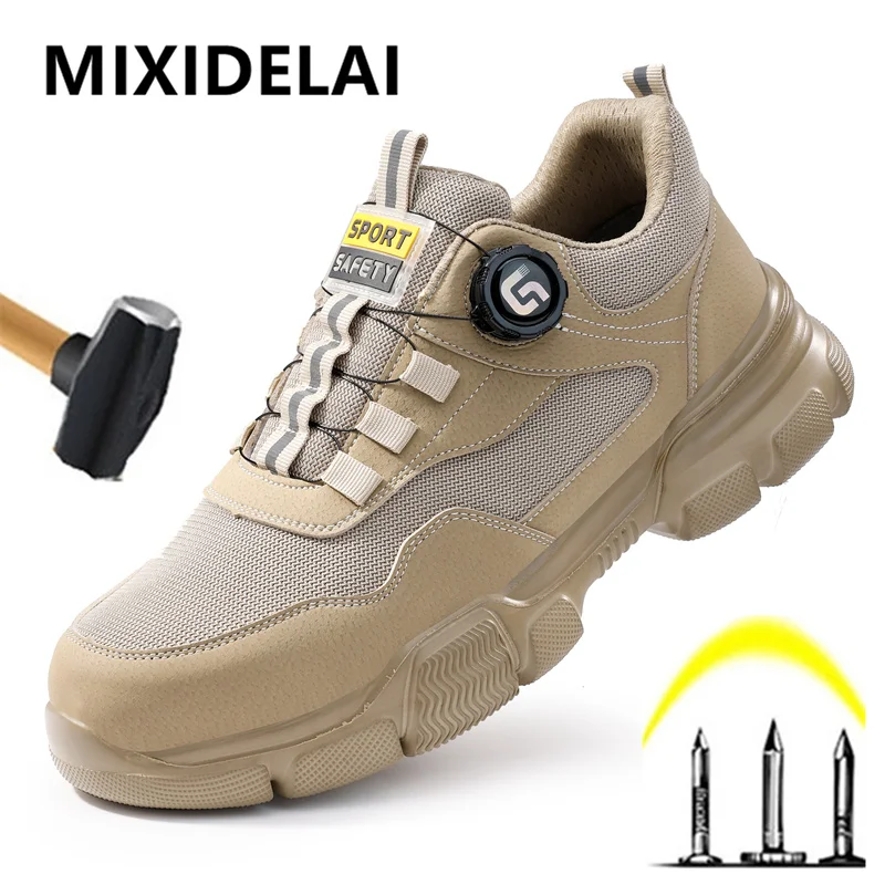 Breathable in summer Safety Shoes Men Anti-smash Anti puncture Work Sneakers Steel toe shoes Rotating button Protection Shoes