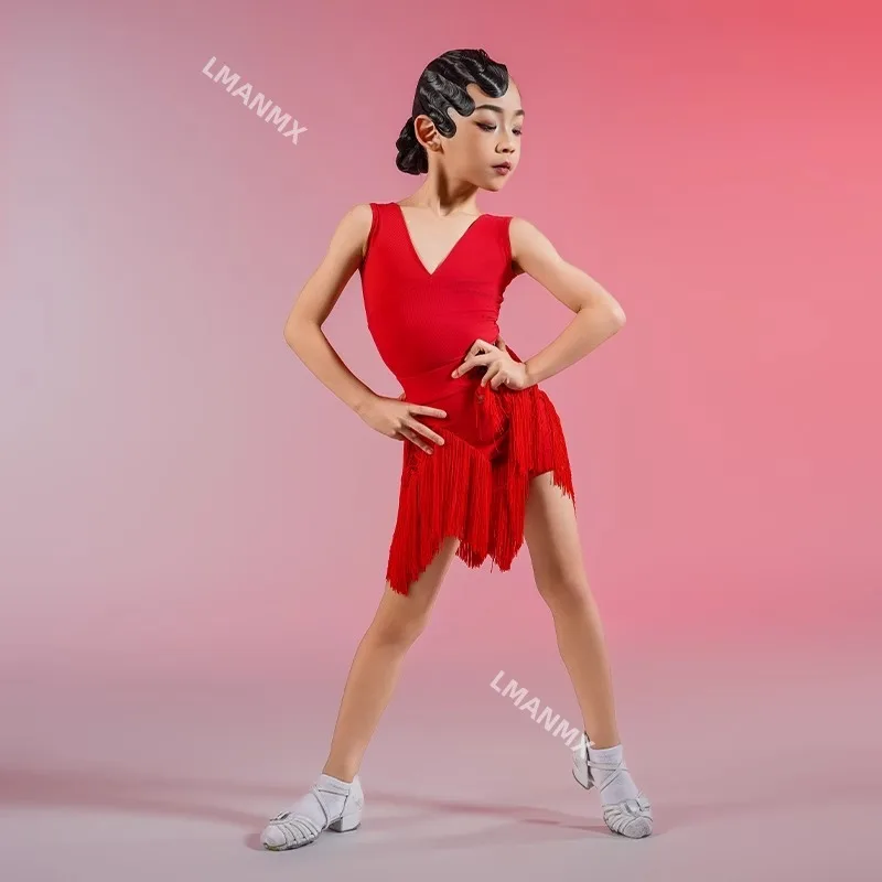 2025 verão nova menina vestido de dança latina sem mangas com decote em v borla tri cor emenda prática vestido