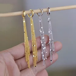 Fashion Shiny Long Tassel Chain Round Circle Hoops Earrings For Women Geometric Gold Color Metal Earrings Wedding Jewelry Gift