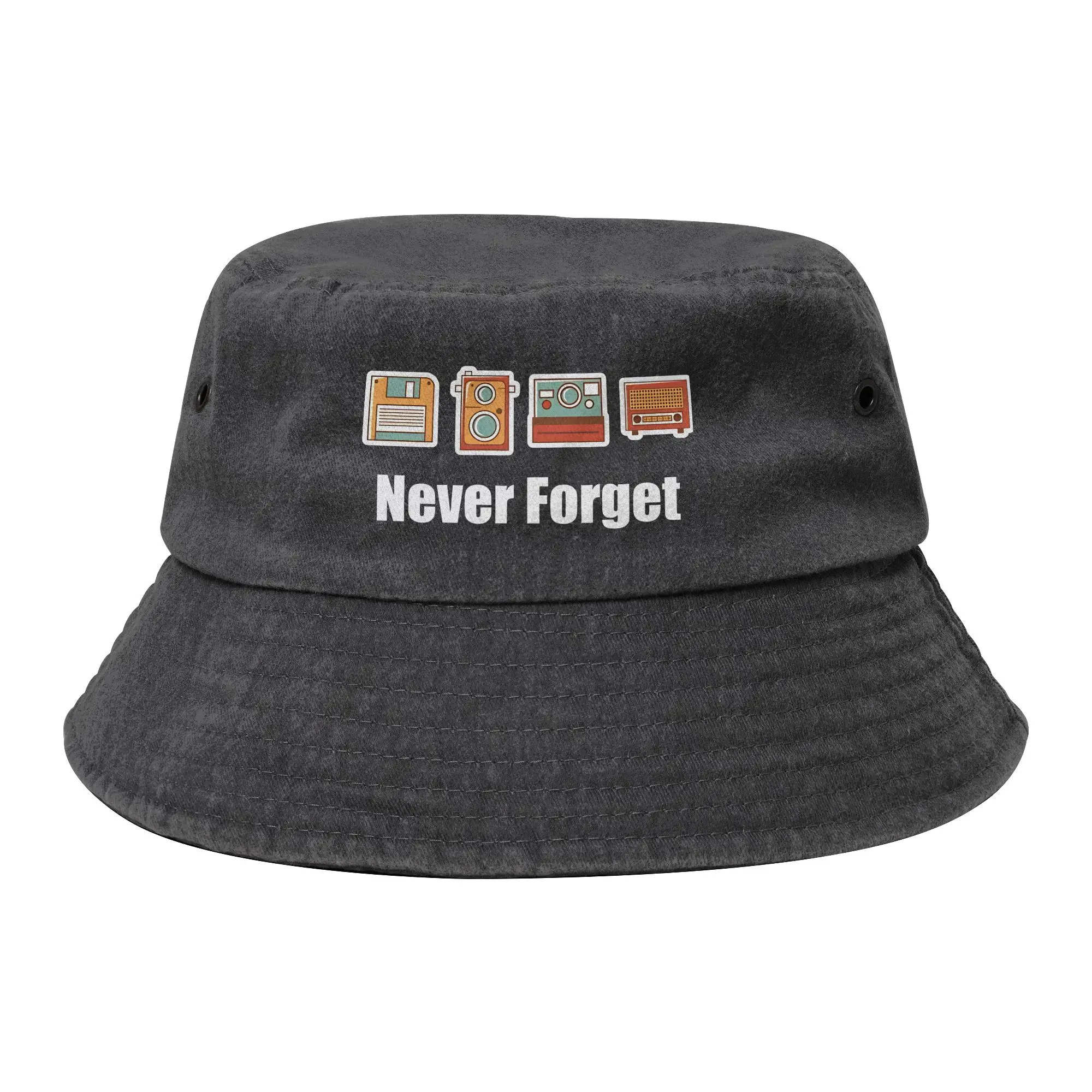 Unisex Distressed Washed Bucket Hat Funny Never Forget Floppy Disk Camera Radio Summer Travel Outdoor Fishing Fisherman Caps Bob