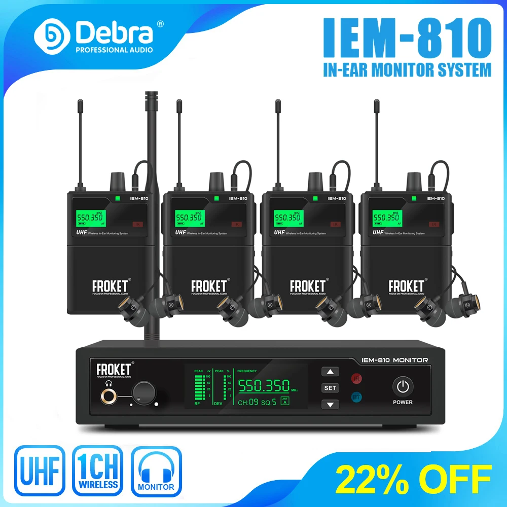 Debra IEM-810 UHF Wireless IEM In-Ear Monitoring System Range 100m 530-580MHZ for Stage Performance,Recording,Drummer,Church