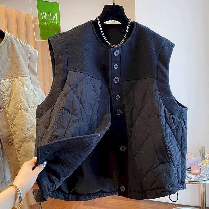 Workwear Waistcoats for Women Solid Cotton Patchwork Vests O-neck Casual Sleeveless Cardigans Vintage Jackets Loose Women Tops