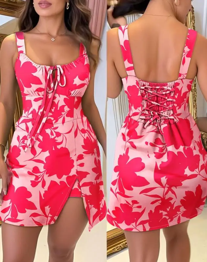 

Women Jumpsuit 2025 Summer Plain Square Neck Lace-Up Back Shirred Tied Detail Romper Empire Waistline Slit Short Jumpsuit